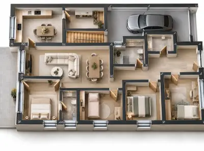 Casă individuală D+P – aprox. 140 mp utili parter, demisol 30mp fitness, 4 dormitoare, garaj, teren 